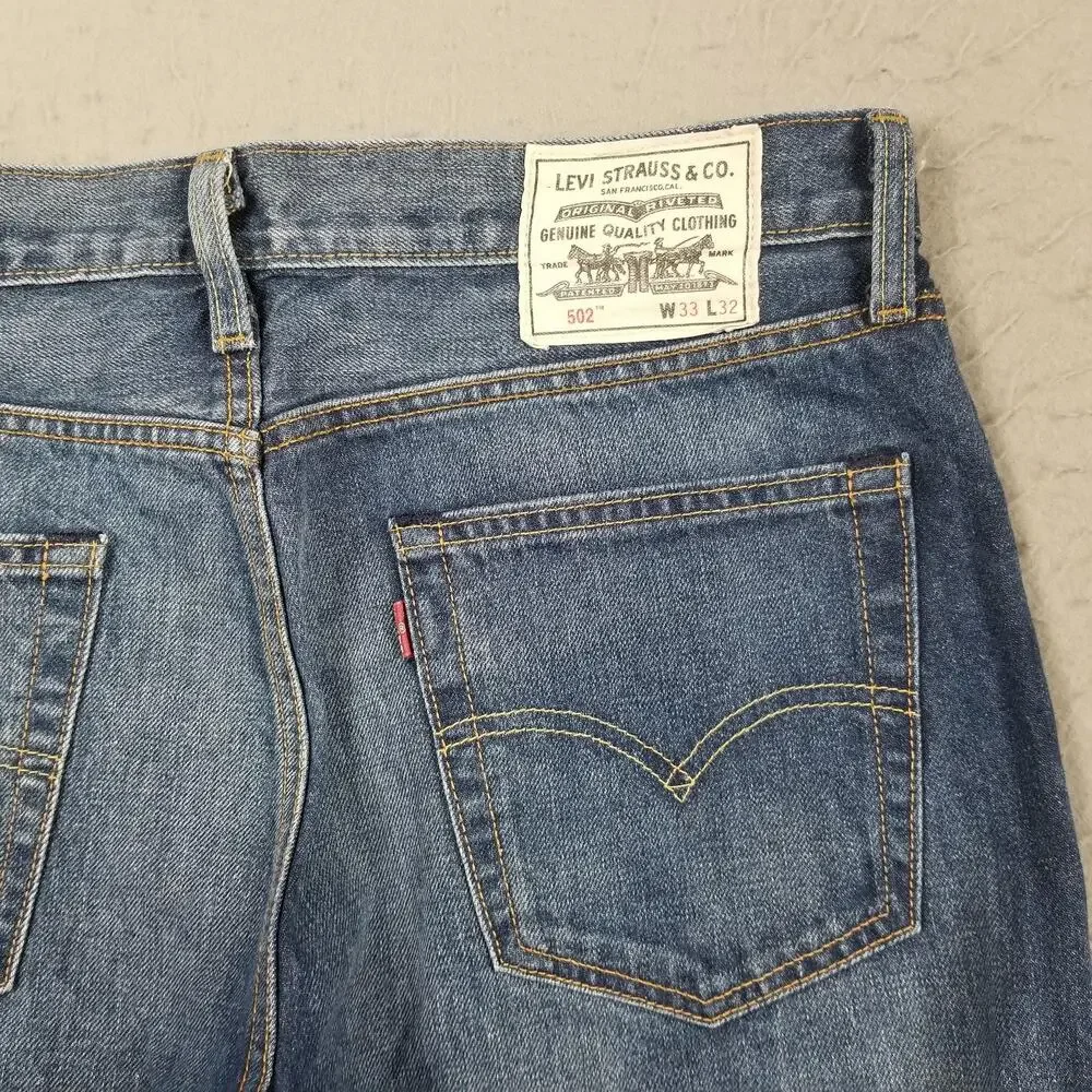Levis 502 Jeans Mens 33x32 Blue Medium Wash Wellthread Tapered Leg Stretch Denim